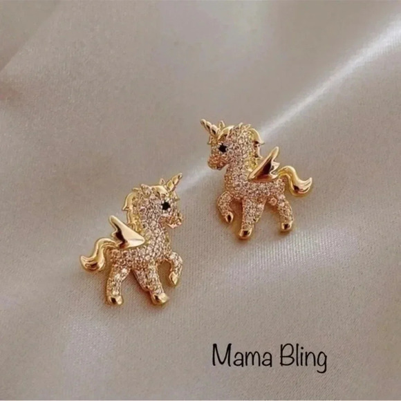 Jewelry - Winged Unicorn Pegasus 18k Gold Plated Crystal Stud Earrings NWT